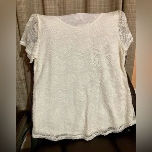 Leo & Nicole Ladies Lace Off White Short Sleeve Floral Pattern Blouse Lined Sz L
